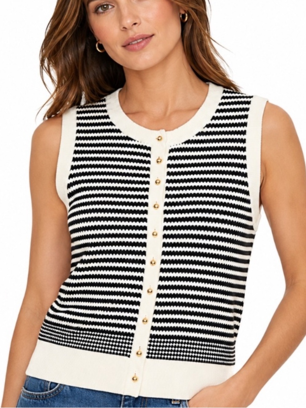 Adrianna Papell Sleeveless Sweater Vest Size L Black Ivory Stipe Gold Buttons